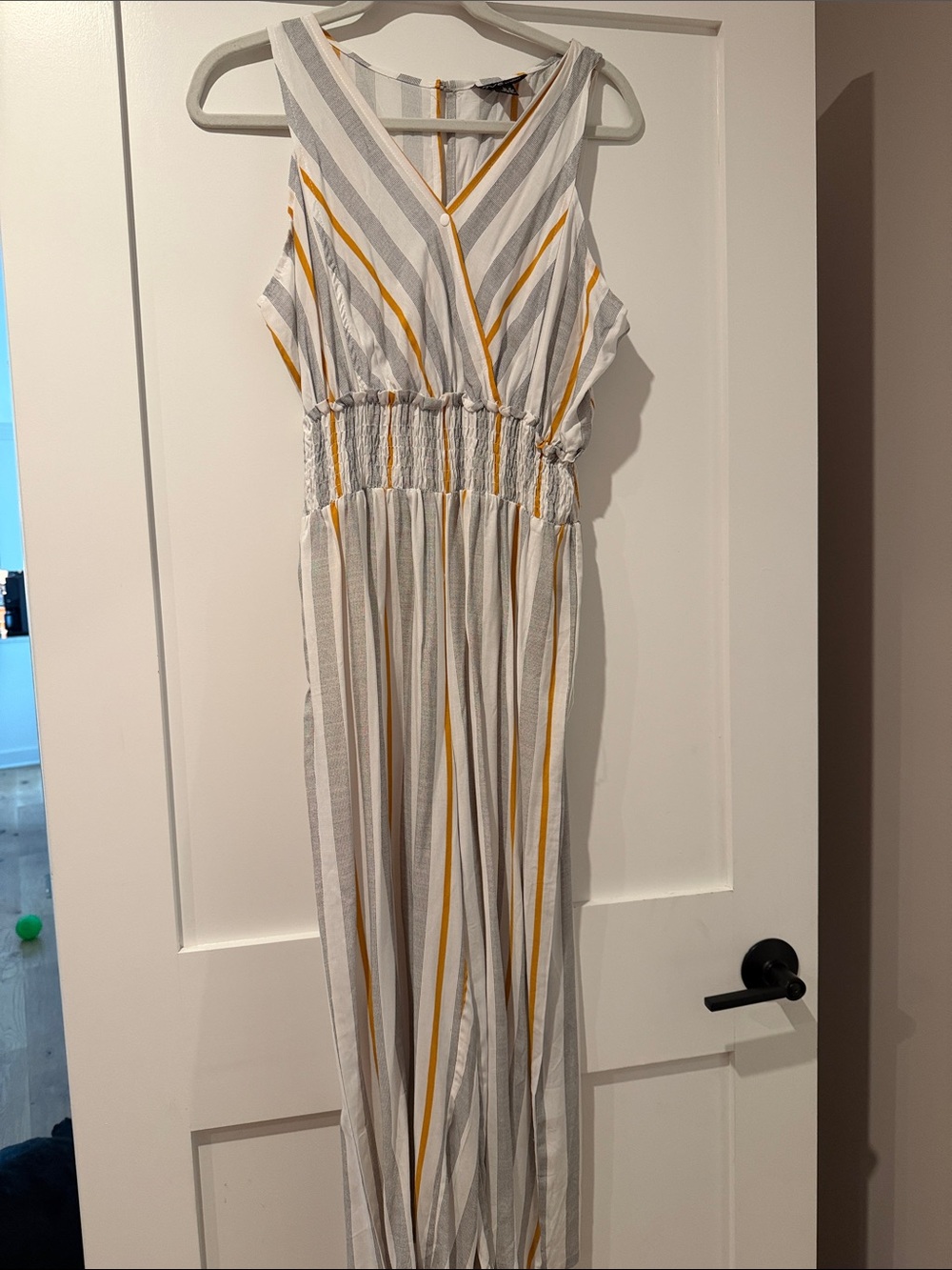 Striped Yellow & Gray Sleeveless Jumpsuit with Smocked Waist
